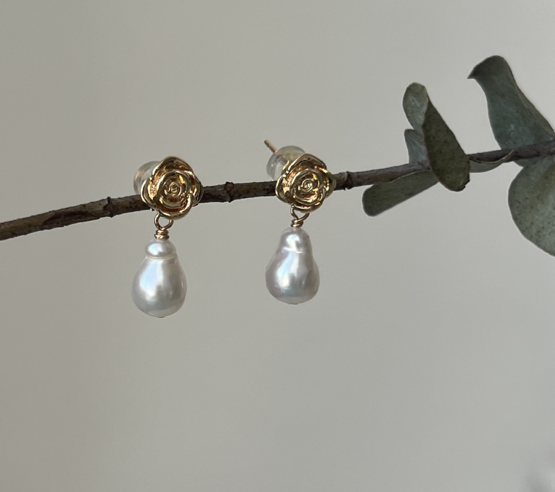 Retro water drop baroque pearl earrings earrings temperament rose earrings