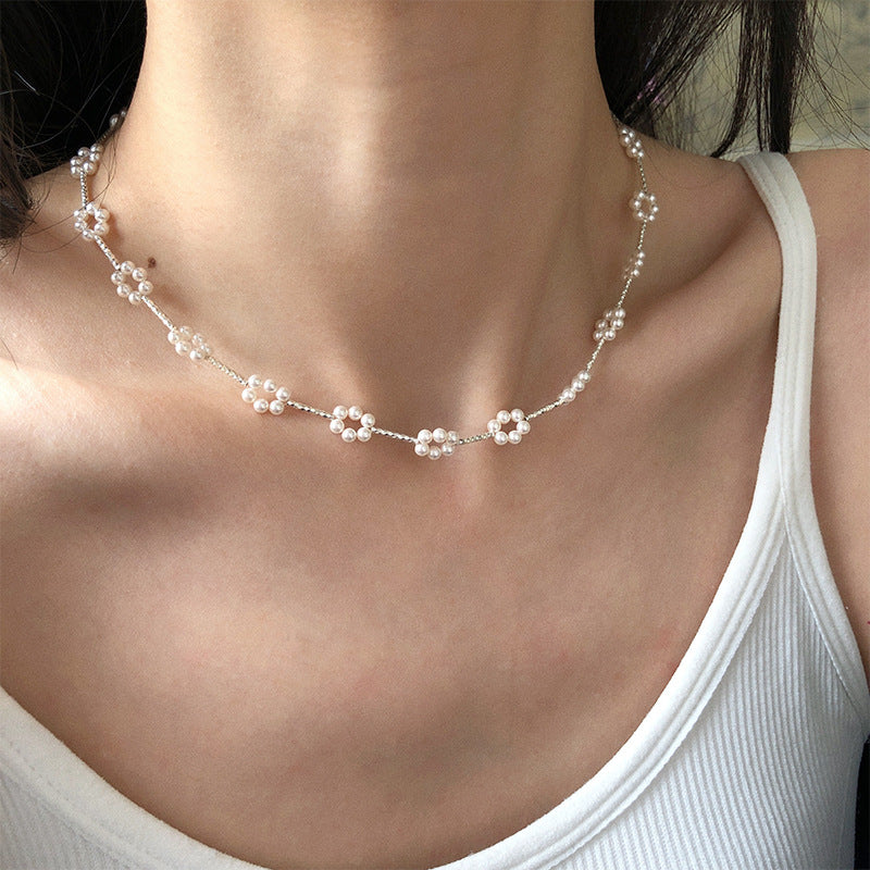 S925 silver star style pearl necklace hand-woven small flower circle clavicle chain sweet